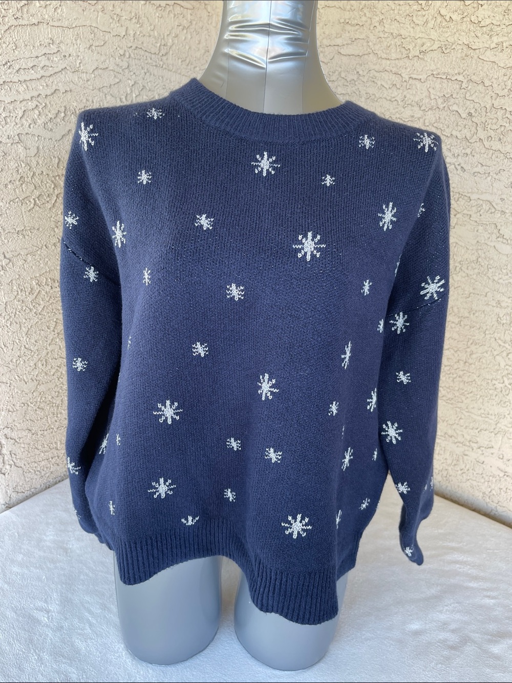 LOFT Navy Crewneck Sweater with White Snowflake Motif